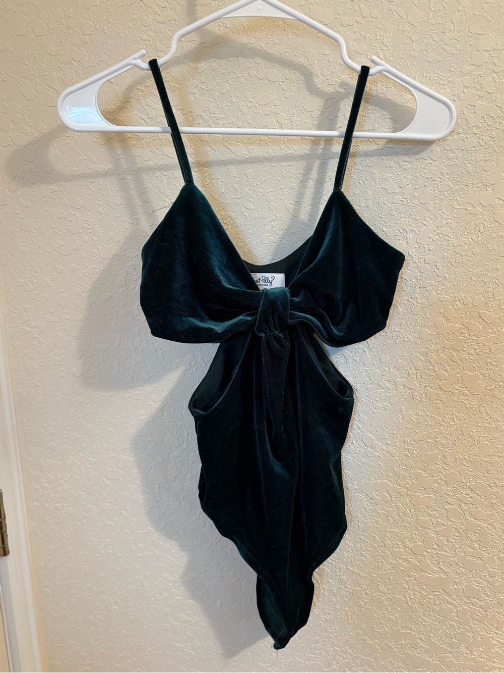 Tie-Front Velvet Spaghetti Strap Bodysuit - Emerald Green